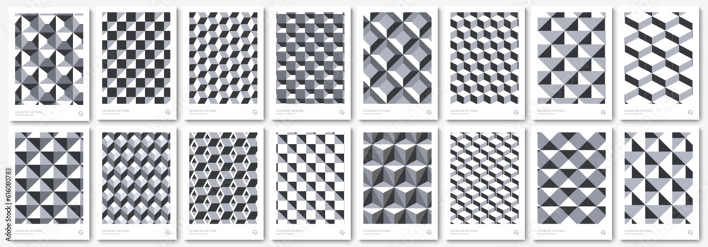 Big set Isometric geometric patterns gray cubes. Endless cubic background, seamless texture, vector illustration