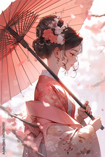 Generative ai. Geisha in kimono with umbrella spring flowers