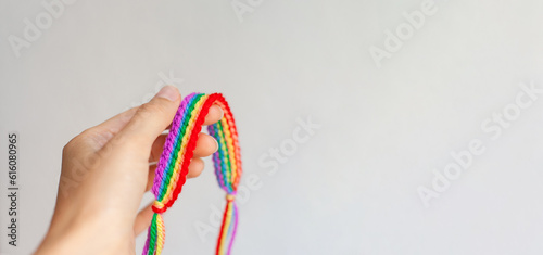 rainbow crochet handmade bracelet banner. Celebrating Pride month with symbol colors of LGBTQ