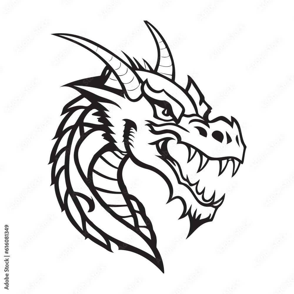 Obraz premium Dragon head black and white vector icon