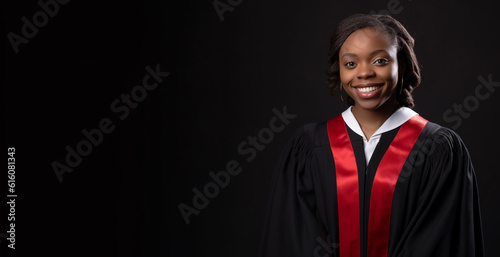a smiling young woman wearing a prosecutor's robe clothes in black background generative ai