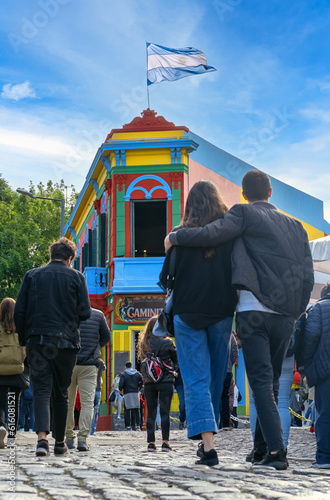 Buenos Aires, Argentina - People walking on Caminito street at La Boca district. City travel concept 