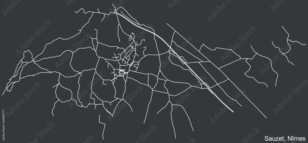 Detailed hand-drawn navigational urban street roads map of the SAUZET COMMUNE of the French city of NÎMES, France with vivid road lines and name tag on solid background