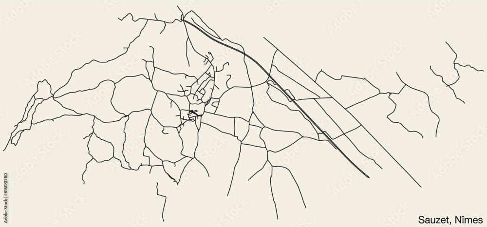Detailed hand-drawn navigational urban street roads map of the SAUZET COMMUNE of the French city of NÎMES, France with vivid road lines and name tag on solid background