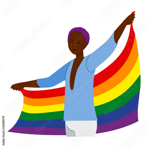 Happy african man holding rainbow flag during pride month