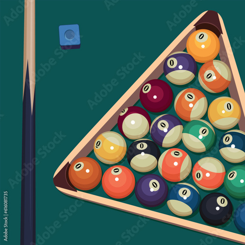 background for billiard tournament poster. Vector design of billiard balls on green table and triangular rack