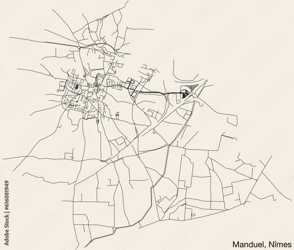 Detailed hand-drawn navigational urban street roads map of the MANDUEL COMMUNE of the French city of NÎMES, France with vivid road lines and name tag on solid background