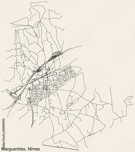 Detailed hand-drawn navigational urban street roads map of the MARGUERITTES COMMUNE of the French city of NÎMES, France with vivid road lines and name tag on solid background