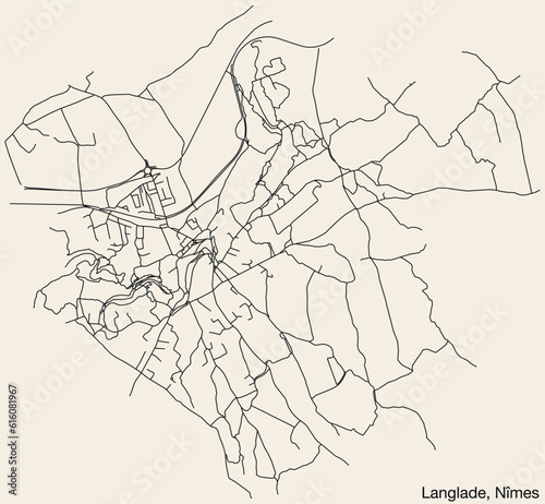 Detailed hand-drawn navigational urban street roads map of the LANGLADE COMMUNE of the French city of NÎMES, France with vivid road lines and name tag on solid background photo