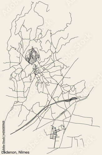 Detailed hand-drawn navigational urban street roads map of the L  DENON COMMUNE of the French city of N  MES  France with vivid road lines and name tag on solid background