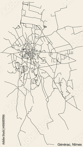 Detailed hand-drawn navigational urban street roads map of the G  N  RAC COMMUNE of the French city of N  MES  France with vivid road lines and name tag on solid background