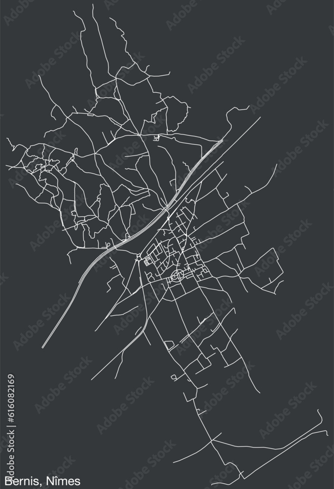 Detailed hand-drawn navigational urban street roads map of the BERNIS COMMUNE of the French city of NÎMES, France with vivid road lines and name tag on solid background