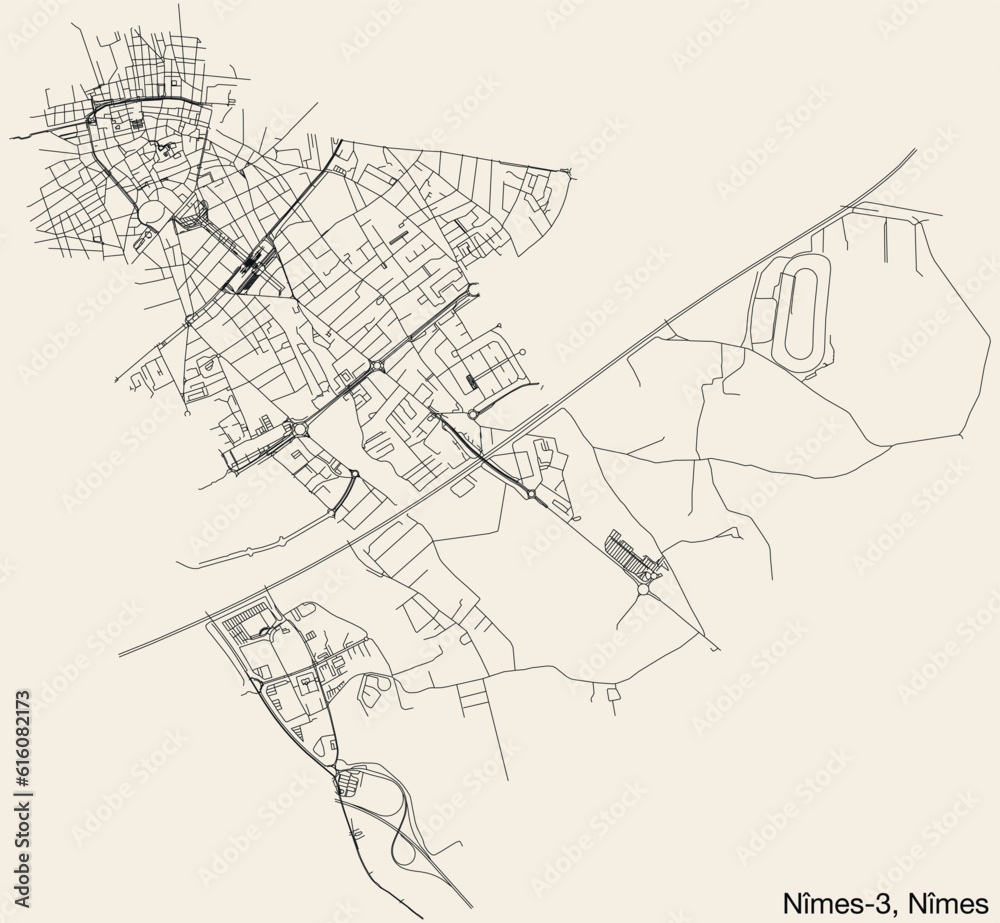 Detailed hand-drawn navigational urban street roads map of the NÎMES-3 CANTON of the French city of NÎMES, France with vivid road lines and name tag on solid background Detailed hand-drawn navigational urban street roads map of the NÎMES-3 CANTON of the French city of NÎMES, France with vivid road lines and name tag on solid background