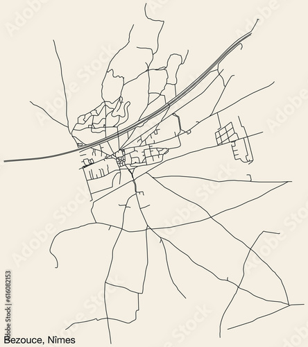 Detailed hand-drawn navigational urban street roads map of the BEZOUCE COMMUNE of the French city of NÎMES, France with vivid road lines and name tag on solid background