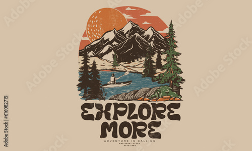 Explore more vector print design for t shirt and others. Mountain graphic print design for apparel, stickers, posters and background. Adventure artwork. 