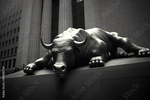 Exhausted bull, Defeated, Statue, Sculpture, Global stock markets, Financial, Business. The bull is exhausted and defeated. Global stock markets collapse in a 1929 economic crisis style. Generative AI photo