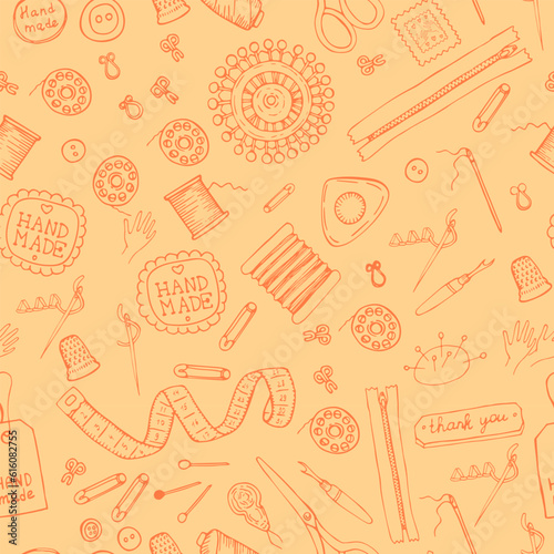 Vector seamless pattern with tools and accessories for sewing on yellow background