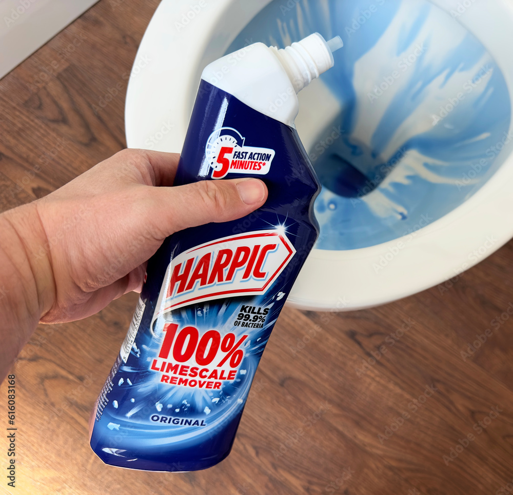 Essex, UK June 9, 2023 A plastic bottle of Harpic limescale remover