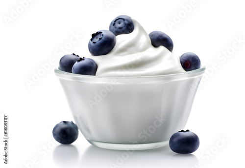 yogurt with blueberries on white background