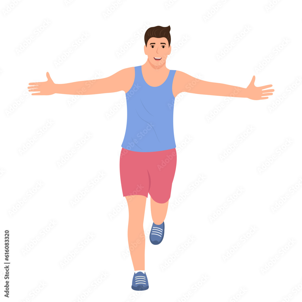 Happy young man running  and celebrating with arms raise. Vector illustration isolated on white background