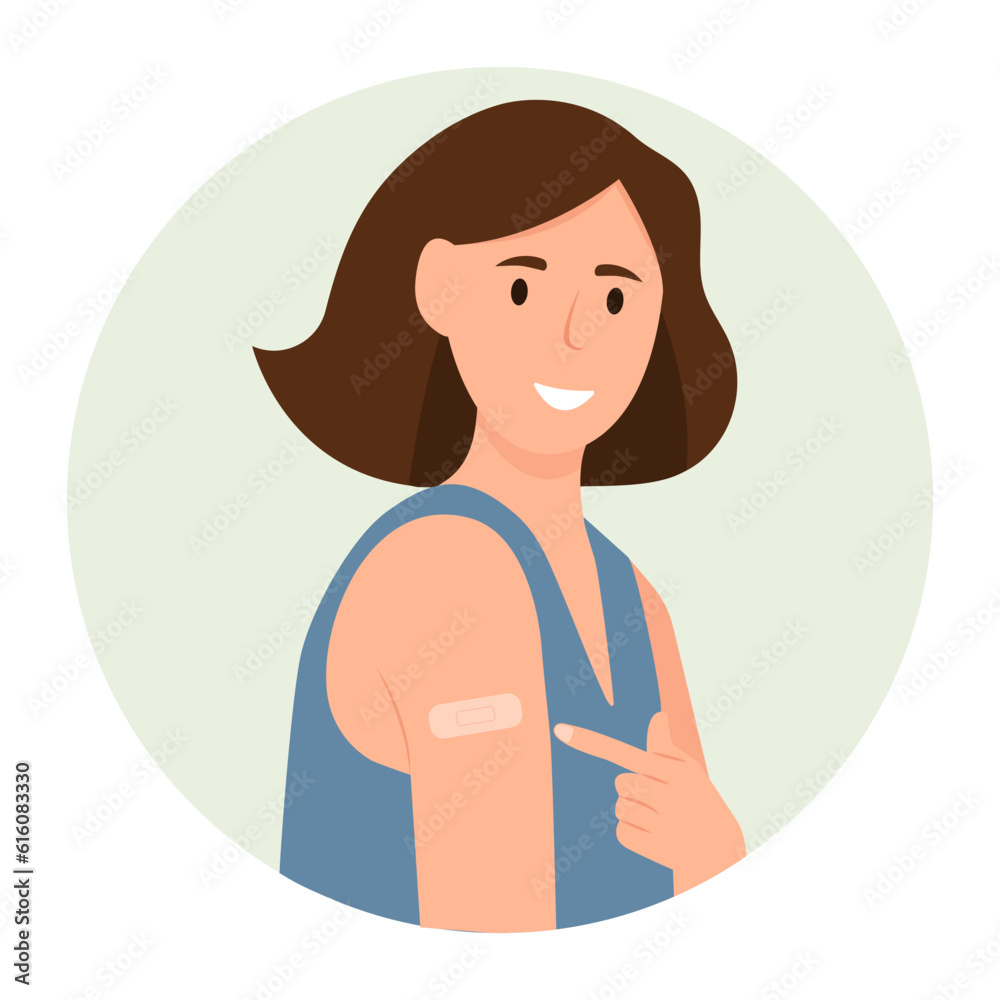Woman showing his arm with band aid after vaccine. Vaccine action, immunity, health. Vector illustration Woman showing his arm with band aid after vaccine. Vaccine action, immunity, health. Vector illustration