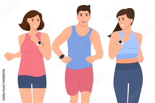 Friends in sportswear jogging together. Active and healthy lifestyle.  Vector illustration isolated on white background.