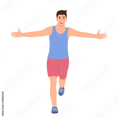 Happy young man running and celebrating with arms raise. Vector illustration isolated on white background