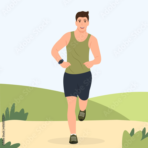 man in sportswear jogging, doing fitness exercises.Sport activity, healthy lifestyle. Flat vector cartoon illustration .