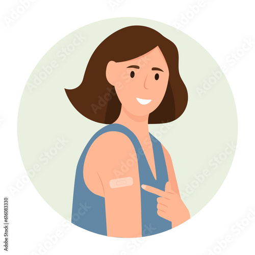 Woman showing his arm with band aid after vaccine. Vaccine action, immunity, health. Vector illustration