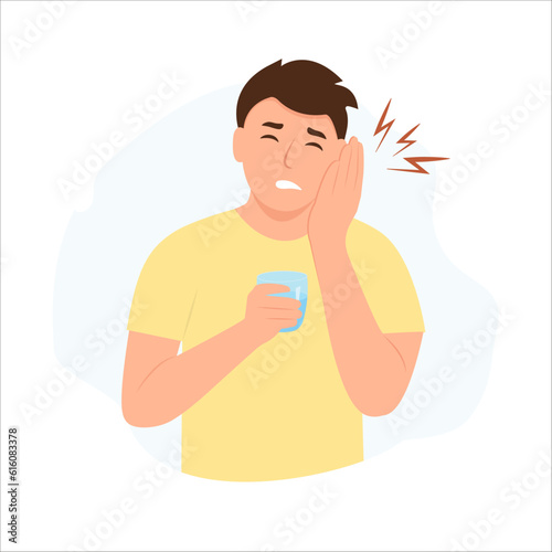 .Man with sensitive teeth. Guy having toothache holding glass of cold water and touching his cheek. Dental problem concept vector illustration..