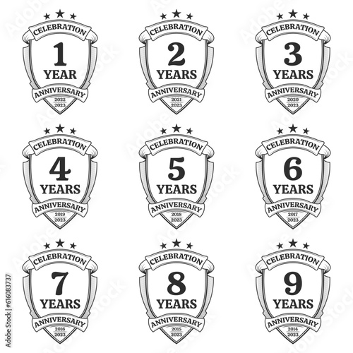 1, 2, 3, 4, 5, 6, 7, 8, 9 years anniversary icon or logo set. Jubilee celebration, company birthday badge or label. Vintage banners with shield and ribbon. Vector illustration.