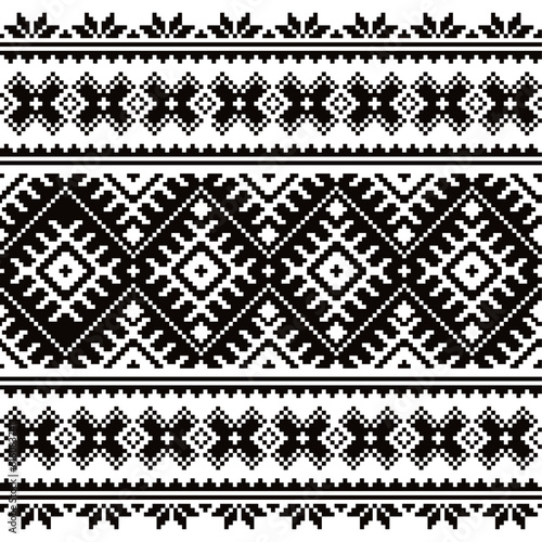 	
Ukrainian Vyshyvanka vector seamless cross-stitch pattern in black on white background, traditional ornament

