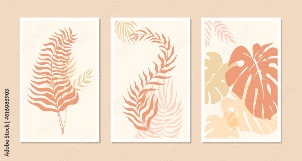 Abstract background with palm leaves. A set of three pictures. Pastel warm tones. Abstract background with palm leaves. A set of three pictures. Pastel warm tones.