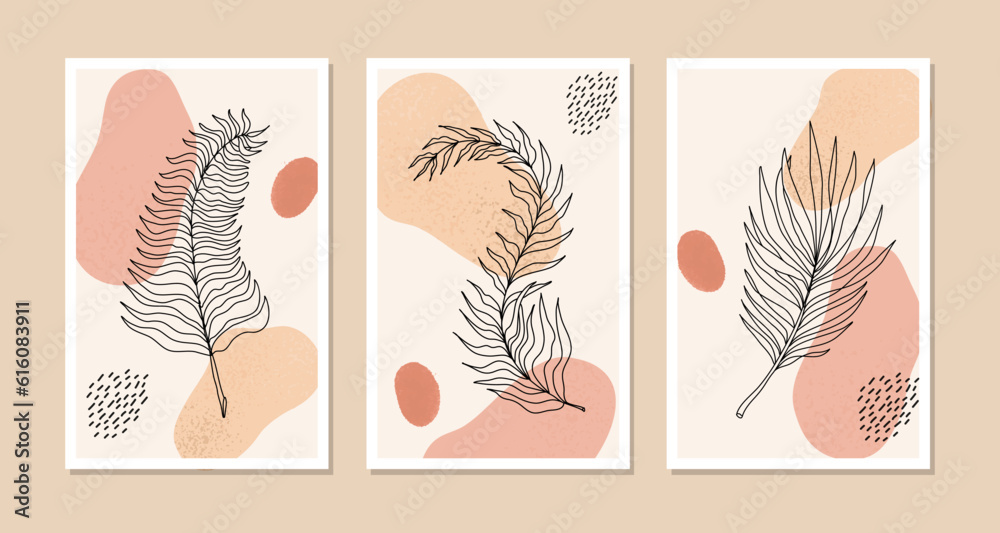 Abstract background with palm leaves. A set of three pictures. Pastel warm tones. Abstract background with palm leaves. A set of three pictures. Pastel warm tones.