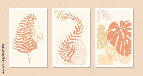 Abstract background with palm leaves. A set of three pictures. Pastel warm tones.