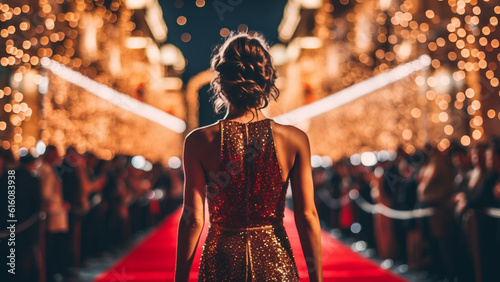 A girl walks down the red carpet. Woman in a luxurious dress on a red carpet. 