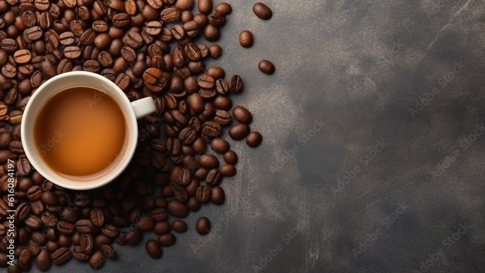 Cup of coffee and coffee beans on a gray background. Cup of coffee and coffee beans on a gray background.