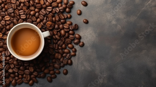 Cup of coffee and coffee beans on a gray background.