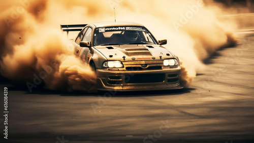 A drift car with lots of smoke from burning tires on speed track.