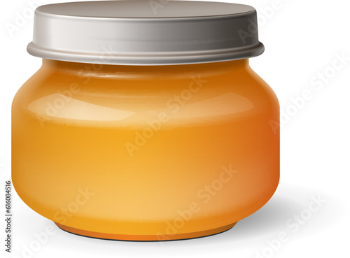Mockup Glass Jar Of Honey, Jam, Jelly Yellow . Organic Baby Food Puree. Illustration Isolated On White Background. Mock Up Template Ready For Your Design.