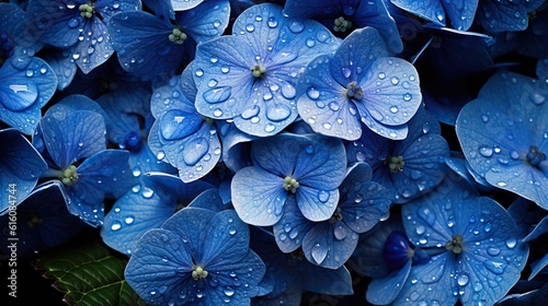 Blue Hydrangeas flowers with water drops background. Closeup of blossom with glistening droplets. Generative AI