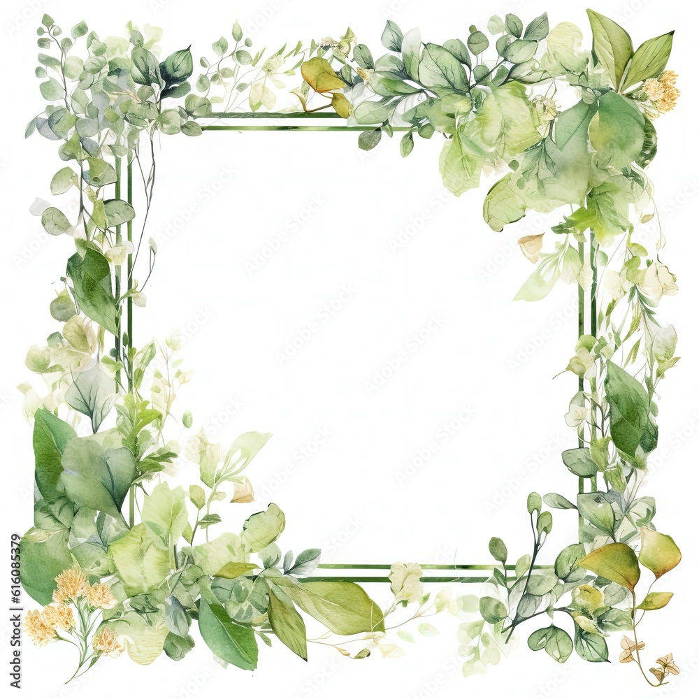 Obraz premium Watercolor decorative frame. Abstract background. Invitation, advertisement, thanks. Ornamental leaves. Generative AI.