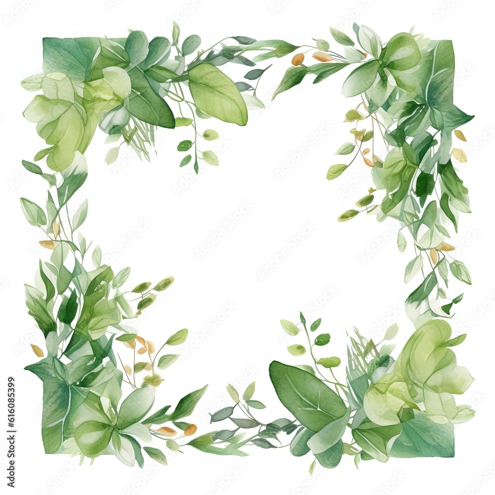 Watercolor decorative frame. Abstract background. Invitation, advertisement, thanks. Ornamental leaves. Generative AI.