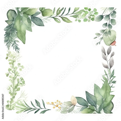 Watercolor decorative frame. Abstract background. Invitation, advertisement, thanks. Ornamental leaves. Generative AI. © Matyfiz