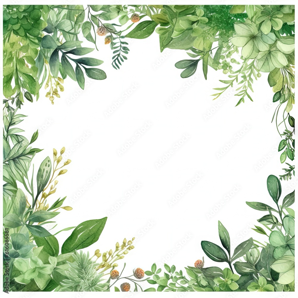 Watercolor decorative frame. Abstract background. Invitation, advertisement, thanks. Ornamental leaves. Generative AI.