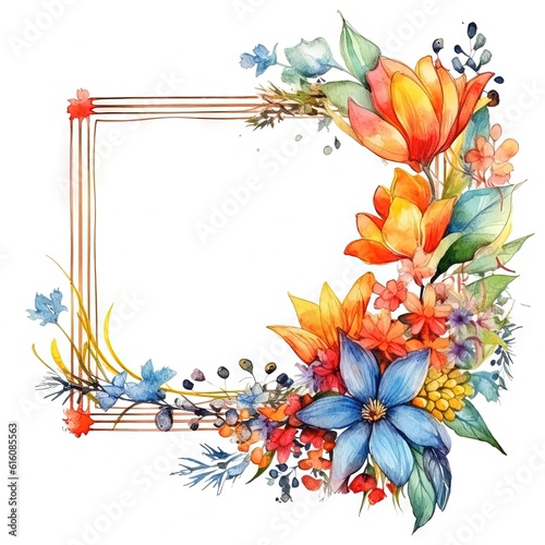 Watercolor decorative frame. Abstract background. Invitation, advertisement, thanks. Ornamental leaves. Generative AI. © Matyfiz