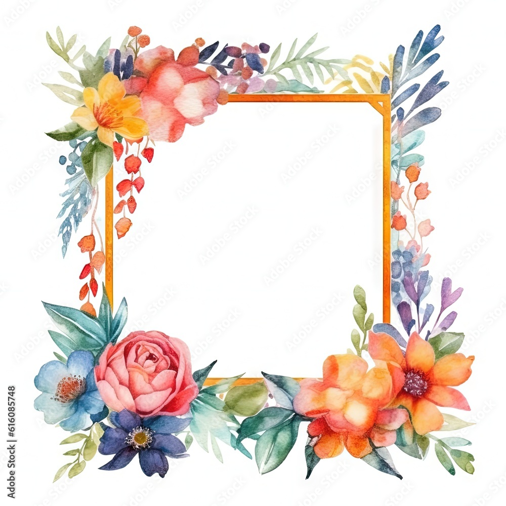 Watercolor decorative frame. Abstract background. Invitation, advertisement, thanks. Ornamental leaves. Generative AI.