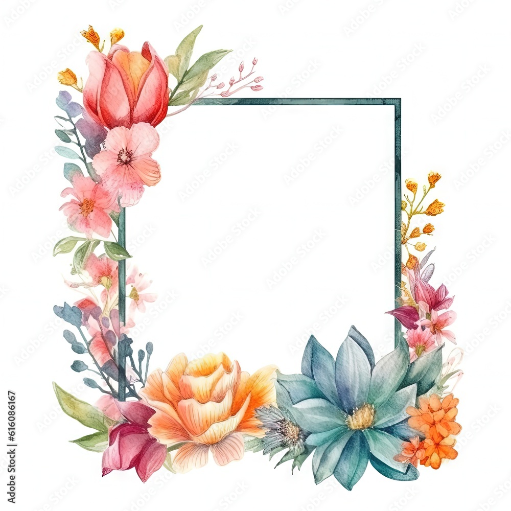 Watercolor decorative frame. Abstract background. Invitation, advertisement, thanks. Ornamental leaves. Generative AI.