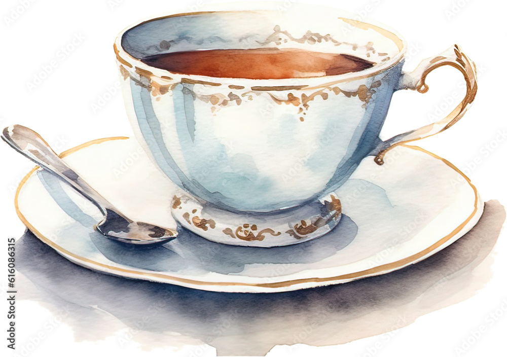 Cup of tea with saucer and spoon. Watercolor illustration Cup of tea with saucer and spoon. Watercolor illustration