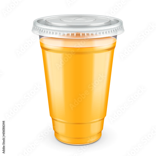 Mockup Filled Disposable Plastic Cup With Lid. Orange, Apricot, Mango, Melon, Fresh Drink. Yellow, Orange Juice. Transparent. Illustration Isolated On White Background Mock Up Template Your Design.